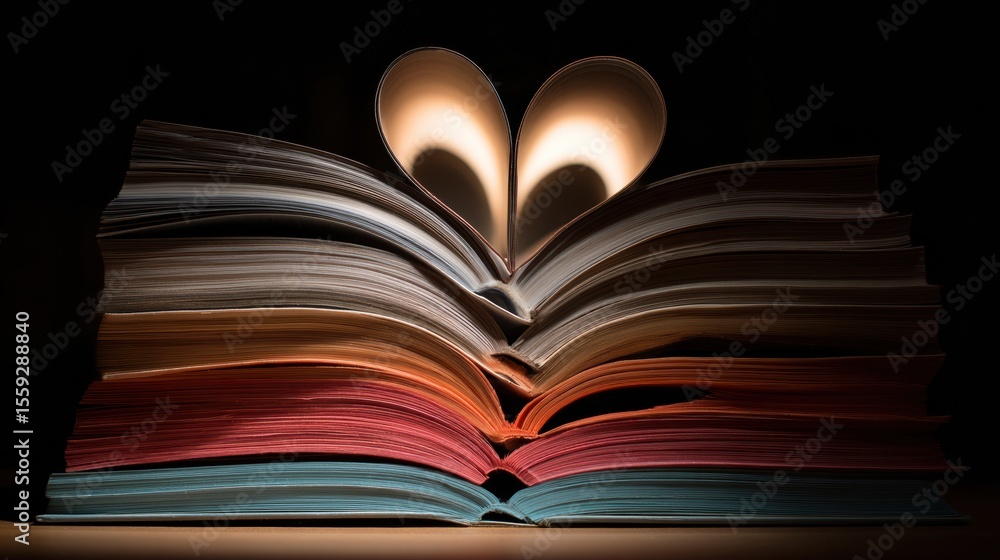 Poster Stacked Books Arranged in a Heart Shape With a Warm Glow Illuminating the Center, Creating a Cozy Reading Atmosphere