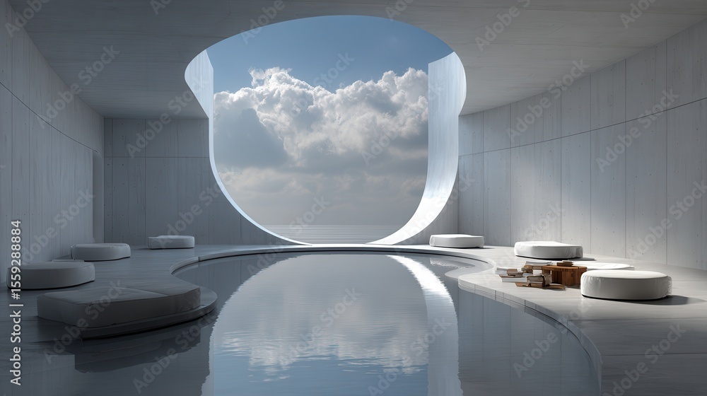 Poster spacious round hall in a contemporary architectural style with a grid skylight and arched alcoves, f
