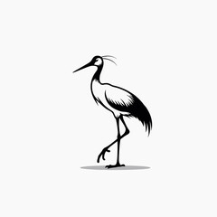 Black and white illustration of a crane standing elegantly  