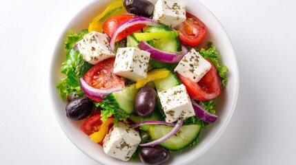 Overhead shot of a fresh Greek salad served on a white backdrop