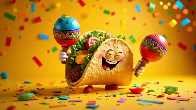 Animated taco character with maracas celebrates a festive fiesta on a bright yellow background.