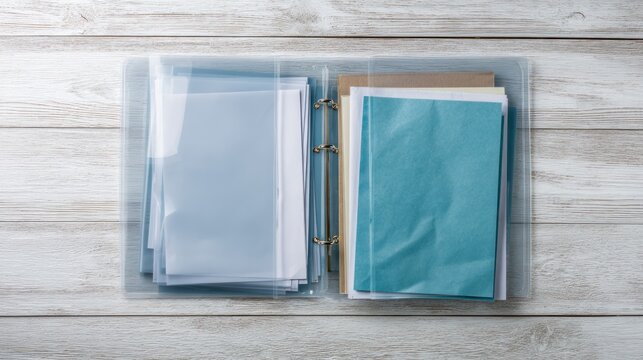 Overhead view of a document folder with clear sleeves and papers on a white wooden surface