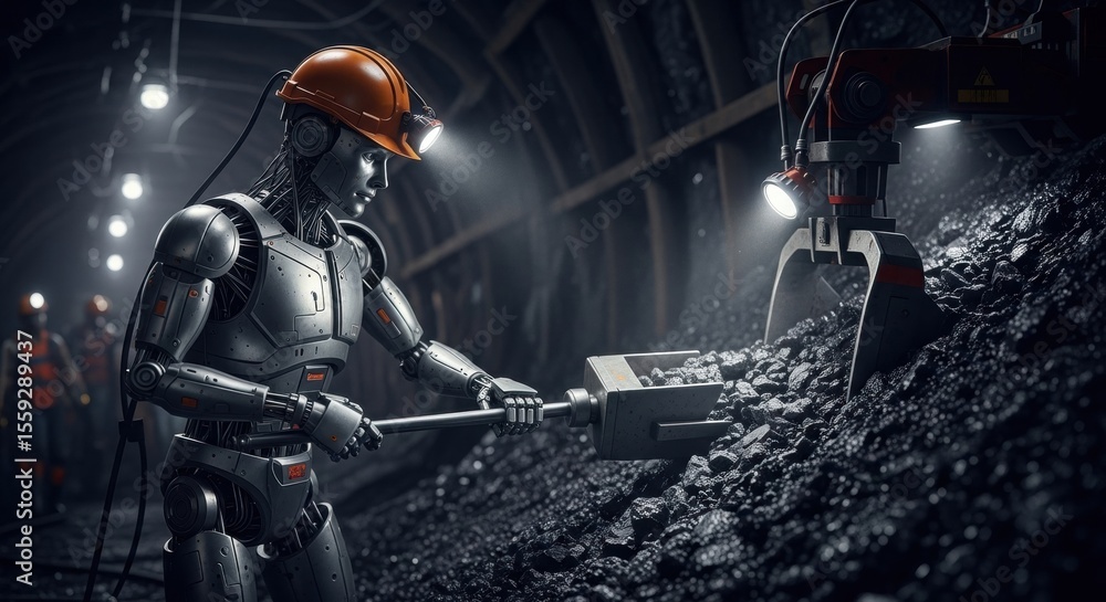Aufkleber a mining robot operates a shovel, extracting coal in a dark mine tunnel. innovative automation for i