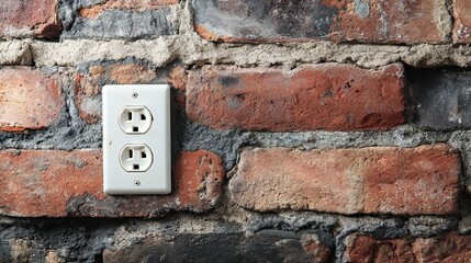Wall-mounted power outlets and a plug on an exposed brick surface