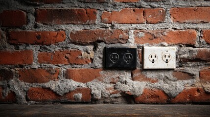 Wall-mounted power outlets and a plug on an exposed brick surface