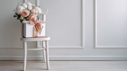 Wedding gift box placed on a chair next to a white wall