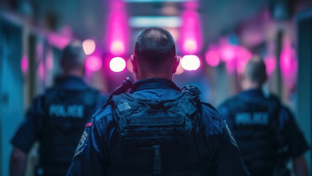 A police officer in uniform walks through a hospital hallway, flanked by fellow officers. Blurred background with visible police lights creates a dramatic, focused scene. - Powered by Adobe