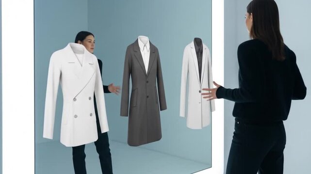 Woman virtually trying on coats using a smart mirror in a minimalist setting, showcasing fashion technology