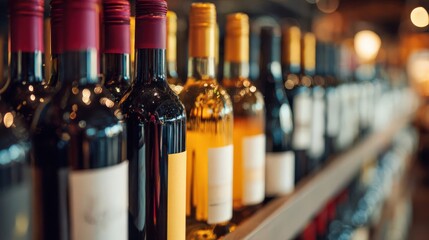 Wine bottles on a shelf in a cellar, with blurred red and white bottles in the background. Ideal for luxury wine shop advertising, banners, posters, or flyers.