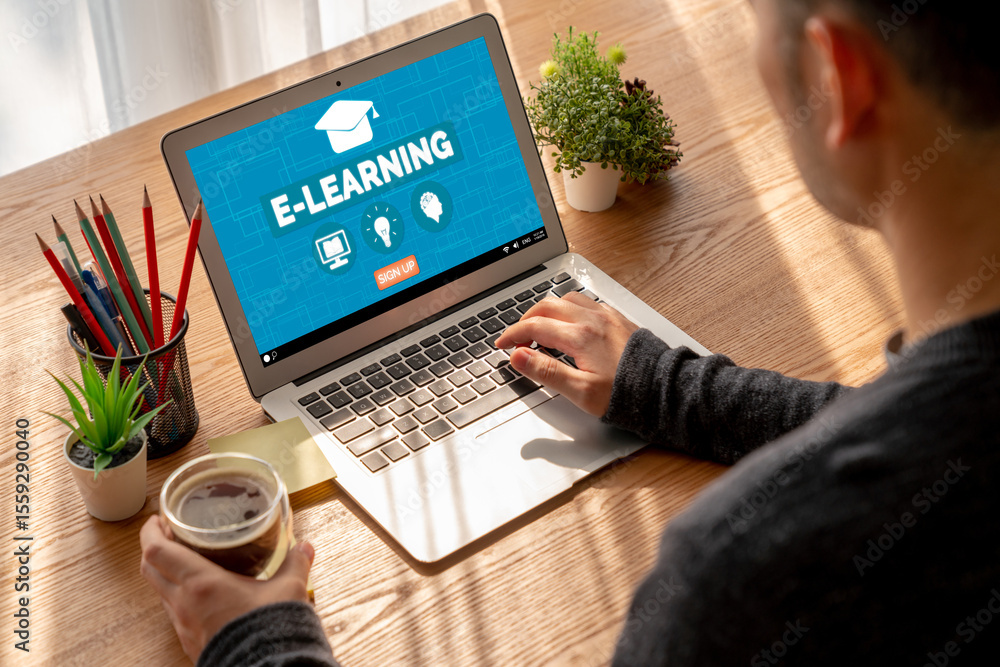 Poster e-learning website with modish sofware for student to study online on the internet network