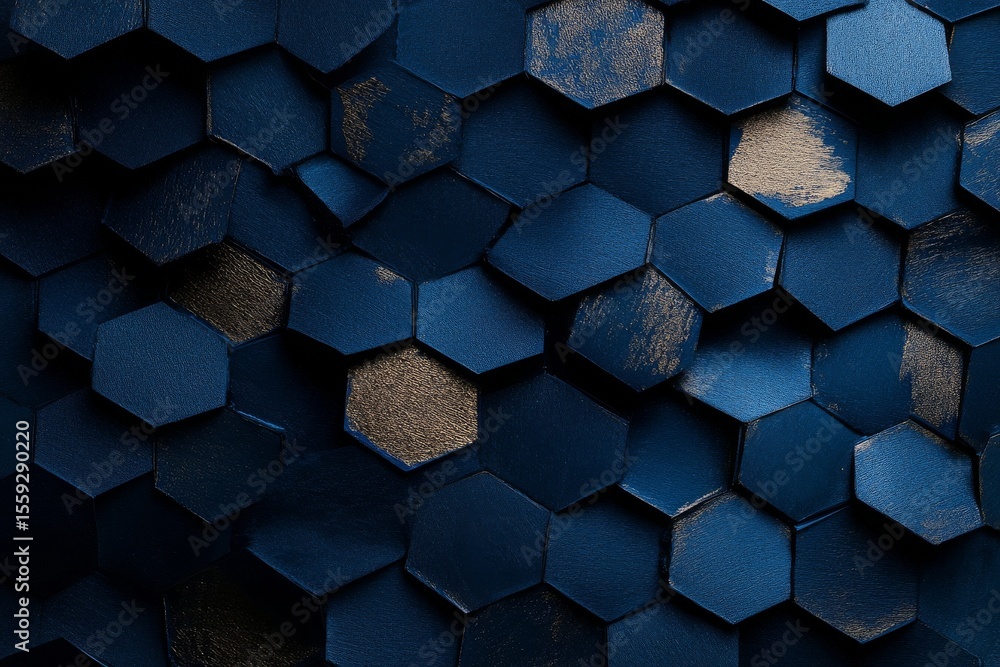 Poster hexagonal patterns form a striking blue wall design in an abstract concept setting
