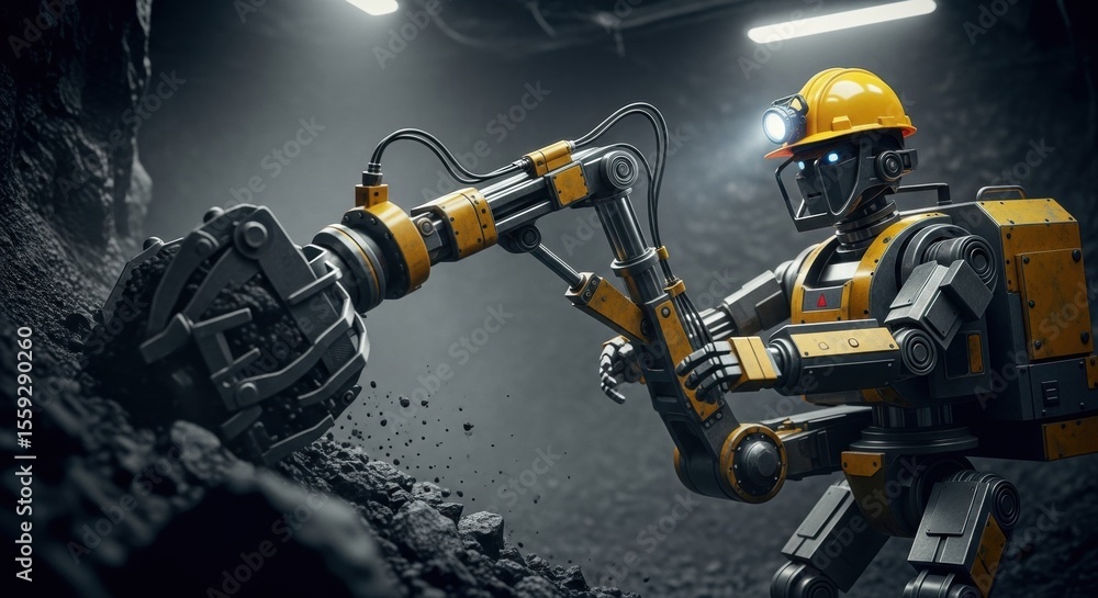 Poster robot miner in a hard hat with a headlamp, digging for minerals in a dark mine tunnel. modern mining
