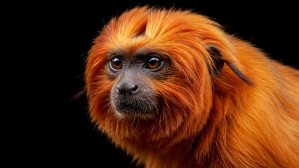 extreme close up of a golden lion tamarin looking toward the camera on black background