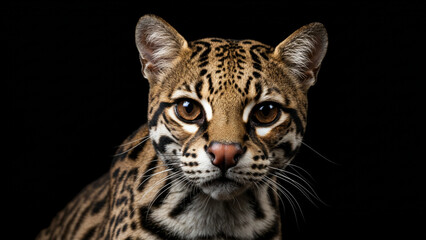 Fototapeta premium extreme close up of a margay looking toward the camera on black background
