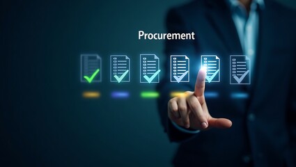 Businessman interacting with a digital interface selecting procurement tasks with glowing checkmarks on a dark background