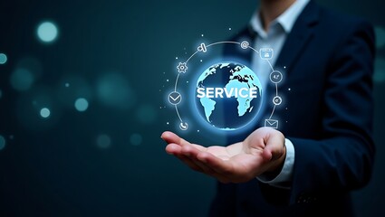Businessman holding a glowing digital globe with service icons representing global customer support and connectivity