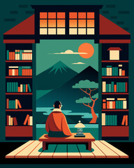 The ryokans library is filled with traditional literature and offers a tranquil atmosphere for those needing a change in scenery for remote work.. Vector illustration