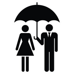 Couple Protected by Umbrella Icon, Representing Partnership and Safety. Simple black and white icon of a man and a woman under an umbrella.