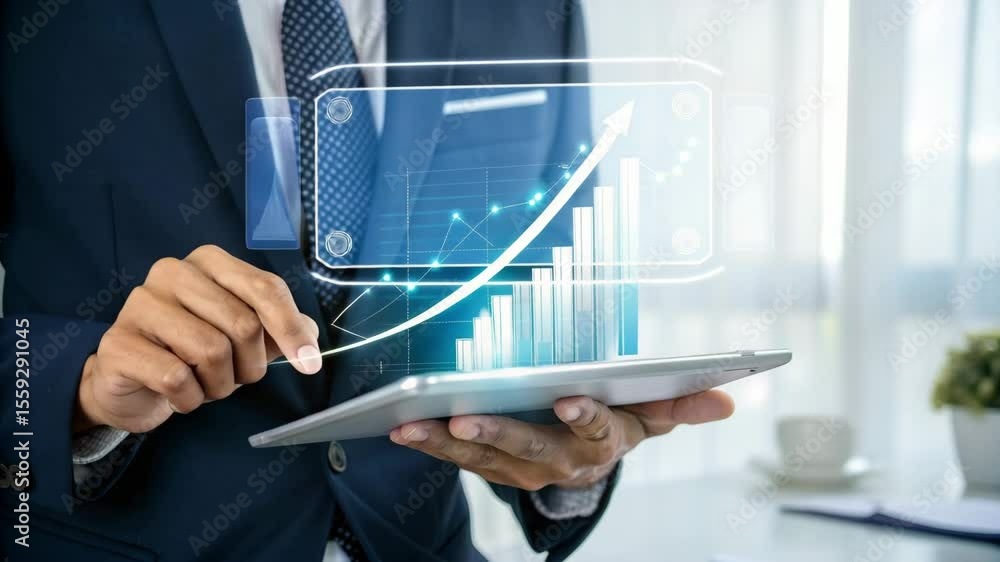 Poster man holding tablet with upward trending graph in a suit and tie near a window and a plant pot