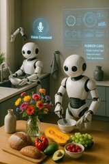 Futuristic Kitchen with Robot Assistants and Voice Command