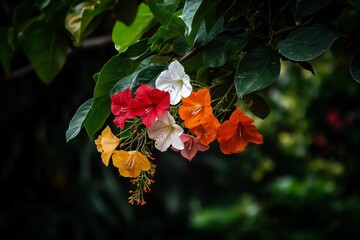 Colorful Blossoms Emerge From Leafy Greenery in a Tropical Garden After Rainfall