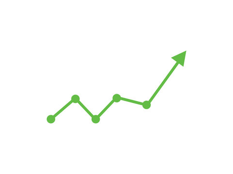 green business arrow rising up with dots followed by line graph going down, color full Green Line Graph Showing Positive Growth Trend, trading profit, economic boom, business growth. line graph upward