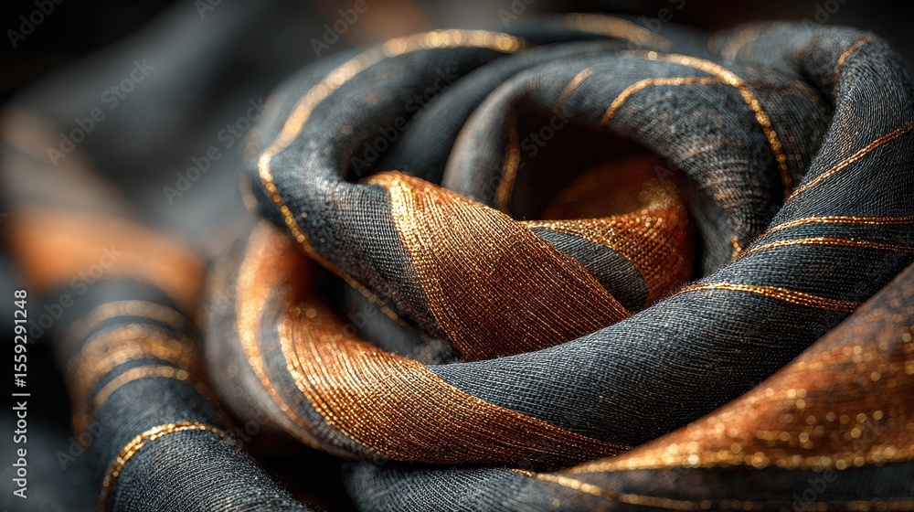 Poster Luxurious flowing black and bronze fabric illuminated with dazzling gold sparkles creates a captivating and shimmering textile