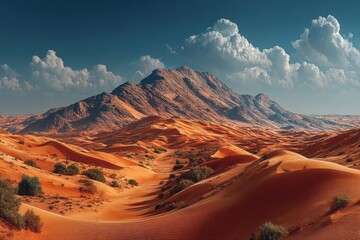 Naklejka premium Golden sand dunes under a vibrant blue sky with scattered white clouds
