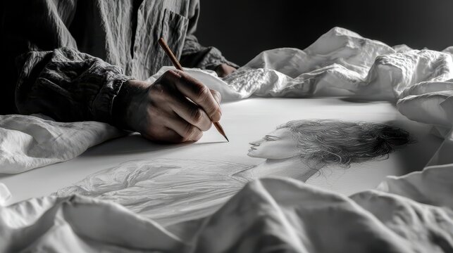 Senior artist sketching drapery in studio sunlight, creates realistic cloth still life with pencil