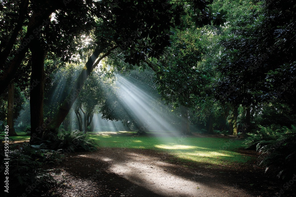 Poster sunlight filtering through trees in a serene forest during morning hours
