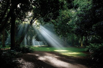 Sunlight Filtering Through Trees in a Serene Forest During Morning Hours