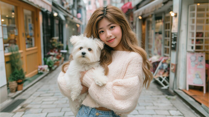 Beautiful Woman Holds Adorable White Fluffy Dog
Young Lady Smiles With Precious Canine Friend