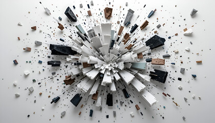 Obraz premium Exploding abstract blocks radiate outwards, presenting a dynamic and modern arrangement in an array of earth-toned, white, and black geometric shapes.