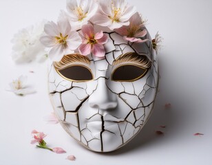 cracked porcelain mask with blooming flowers surreal delicate emotional white background