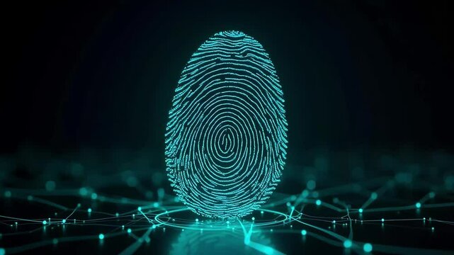 Digital fingerprint identification with glowing lines symbolizes security and biometric authentication in a technology concept.