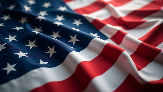 Close up of the american flag waving with stars and stripes in soft focus and dramatic lighting
