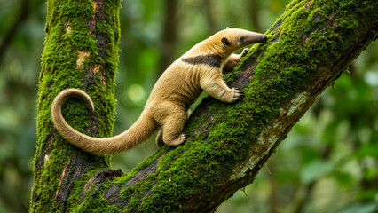 Stock - 6a levatamandua (lesser anteater) climbing a tree trunk with green moss (3840 x 2160 px) - 68