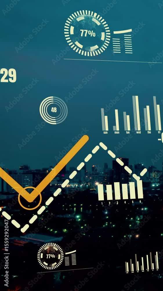 Poster business data analytic interface fly over smart city showing alteration future of business intellige