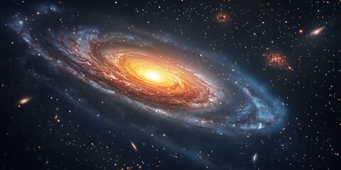Obraz premium A spiral galaxy is portrayed with vibrant colors emanating from its core, surrounded by numerous stars and celestial bodies in the dark expanse of space