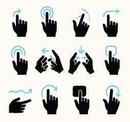 Touch Gesture Icons Set - Swipe, Tap, and Pinch Interaction Symbols for Mobile UX