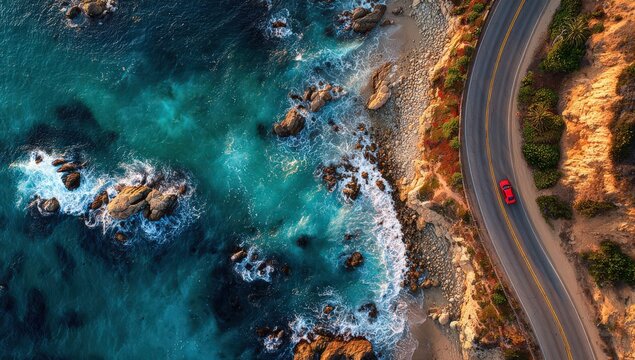 A red car navigates a winding coastal road at sunset, showcasing a stunning blue ocean and rocky shoreline, embodying the spirit of travel along California's scenic highways.