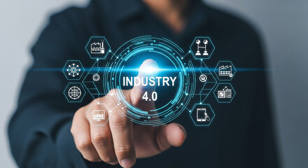 Industry revolution concept of man touching virtual screen industry four point zero technology