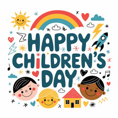 UnBright and festive Children’s Day illustration with bold colorful text, smiling cartoon kids, rainbow, sun, rocket, hearts, stars, and playful doodles on a white background.titled