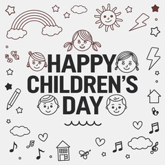 Monochrome Children’s Day illustration featuring smiling cartoon kids, bold black text, and hand-drawn doodles including clouds, stars, rainbow, music notes, and playful icons.Untitled