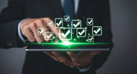Businessman using tablet with checklist complete tasks digital transformation process automation