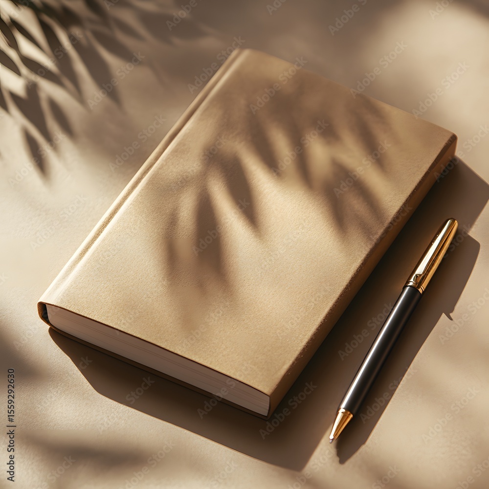 Poster elegant golden notebook with a sleek black pen resting beside it, casting soft shadows on a smooth s