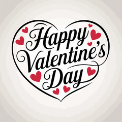 Elegant Valentine’s Day text design shaped into a heart with bold black script and scattered red hearts, set against a soft beige gradient background.