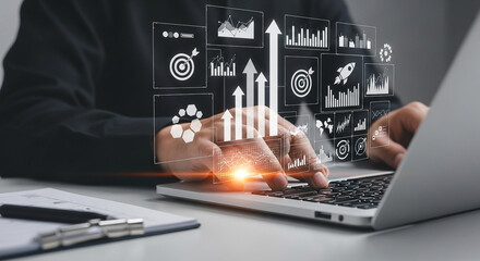 Business growth strategy analysis on laptop computer for financial success and data visualization tools