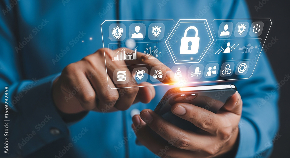 Poster mobile security app concept for data protection and privacy online with digital technology access
