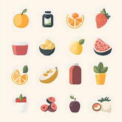 Colorful flat illustration of various fruits and beverages arranged in a grid pattern, showcasing vibrant colors and playful designs, perfect for food-related projects and creative designs